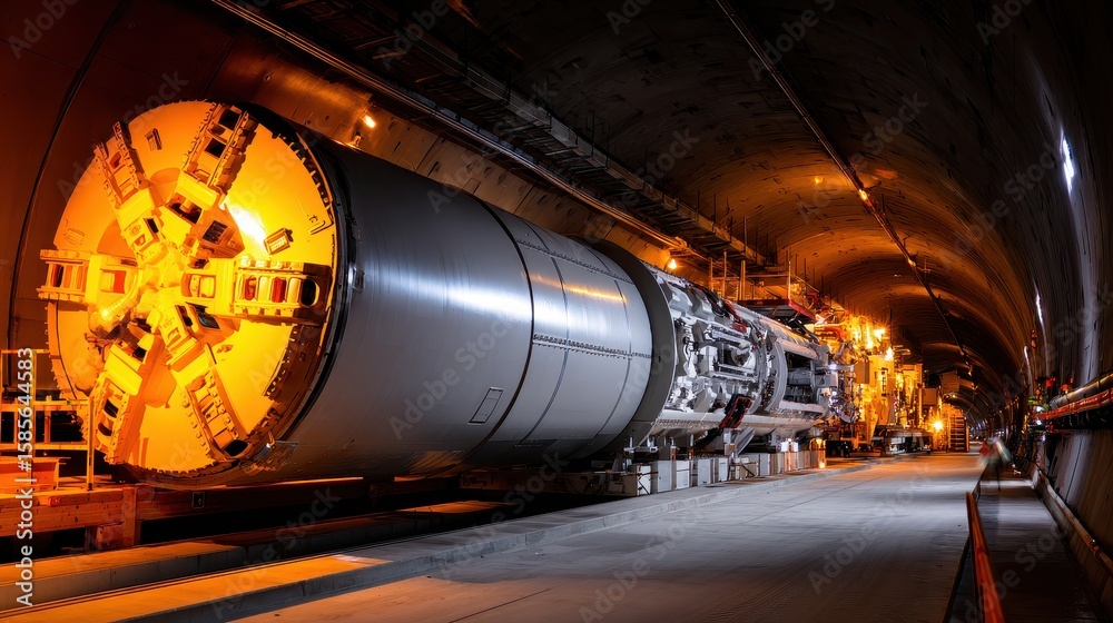 Obraz premium Tunnel boring machine illuminated in a dark tunnel, showcasing construction activity and equipment