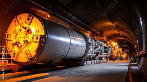 Tunnel boring machine illuminated in a dark tunnel, showcasing construction activity and equipment