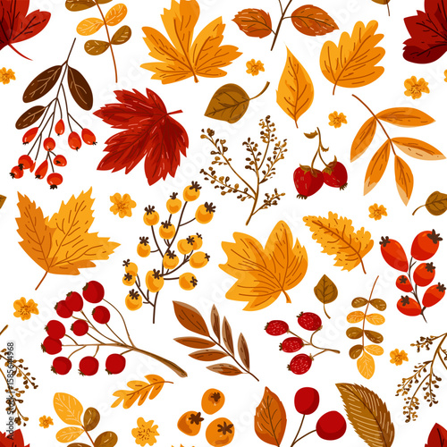 Seamless pattern with autumn leaves and berries. Ideal for wallpaper, gift paper, textiles, greeting cards. Vector illustration