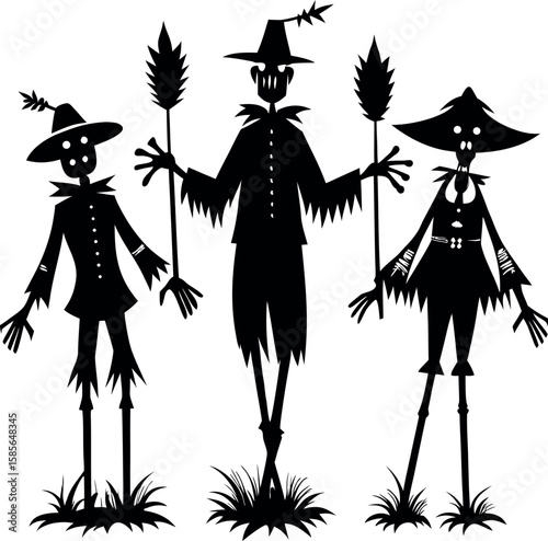 Three stylized scarecrows with wheat stalks in a striking black silhouette