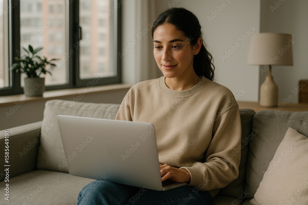 Fototapeta premium Woman working on laptop couch