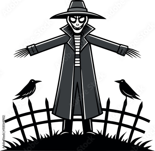 Scary halloween scarecrow with crows and fence silhouette