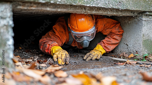 Top view of a worker wearing protective gear sealing a crawl space to prevent pests. Industrial safety focus, pest control, and maintenance work. Caption space on the side for text or branding.

