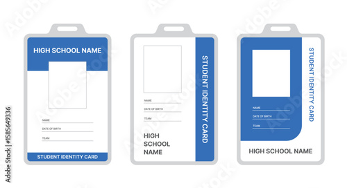 A high school student ID card design template featuring editable fields to enter photo, name, date of birth, team, and more.