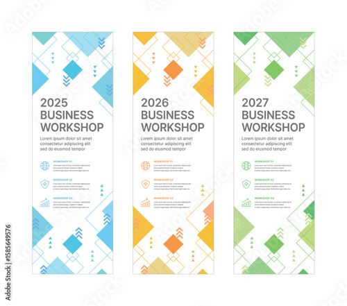 Modern business workshop roll-up banners with arrow graphics symbolizing growth and progress. Perfect for workshops, events, conferences, branding projects, combining style and professionalism.