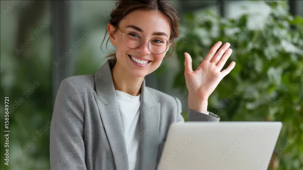 Smiling woman greeting, wearing glasses and business attire. Smiling woman greeting, wearing glasses and business attire.