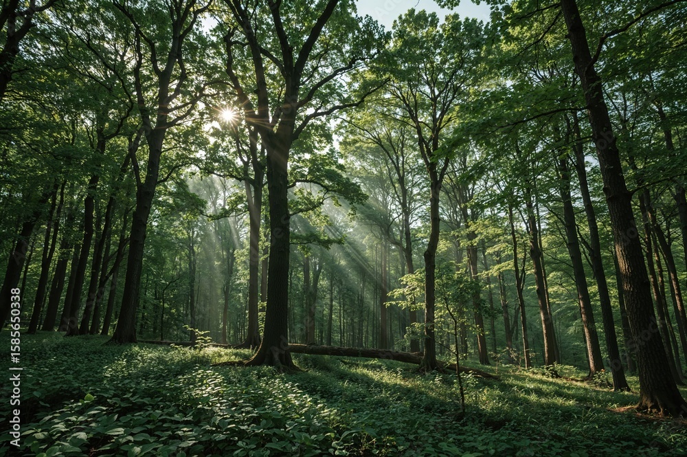 Obraz premium Atmospheric woodland captured at golden hour with magical lighting, ideal for wellness, eco brands, or spiritual retreats