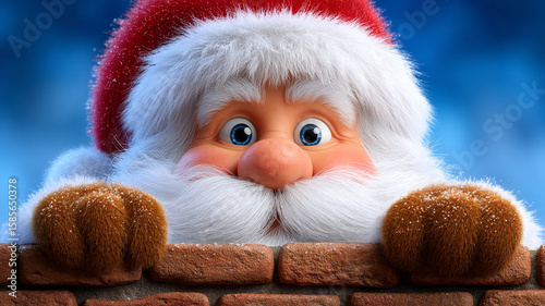Santa Claus Peeking Over a Brick Wall with a Cheerful Expression