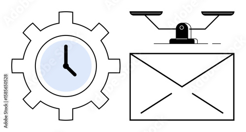 Gear with clock face, weighing balance, and envelope convey time management, fairness, and correspondence. Ideal for productivity, balance, business planning, efficiency organization