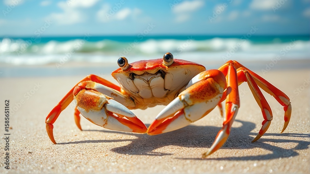 Close up of a bright orange crab on a sandy beach with the ocean in the background Close up of a bright orange crab on a sandy beach with the ocean in the background