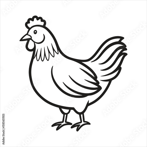 Simple black and white line drawing of a chicken isolated on white background