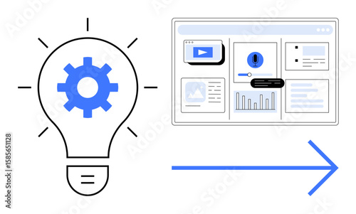 Lightbulb with gear symbolizing innovation, leading to a data dashboard with graphs, video, and text via an arrow. Ideal for creativity, technology, workflow, process, organization innovation