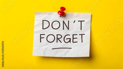 Reminder note with don't forget text pinned on yellow background for important message

