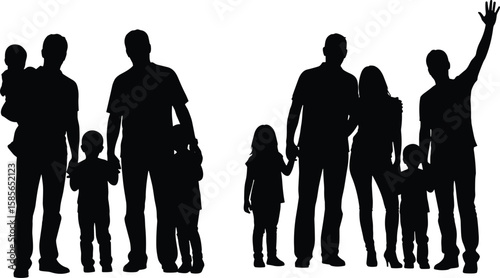 Silhouette of diverse families, standing together, children holding hands, parenting unity, happy parents, community bond, love, support, family lifestyle, teamwork