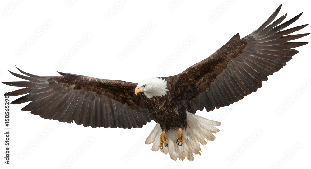 Fototapeta premium Bald eagle in flight, full-body view, against a white background, png, transparent