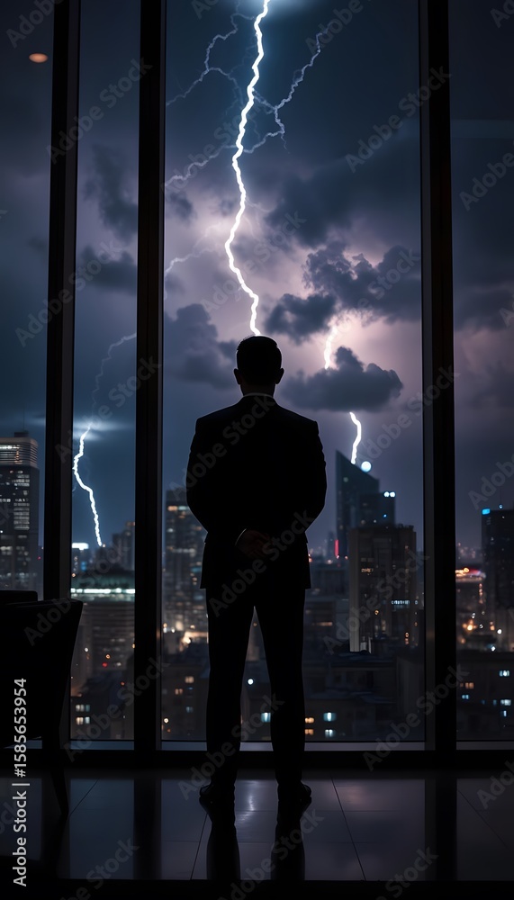 Fototapeta premium Businessman looking at lightning storm over city skyline from office window at night