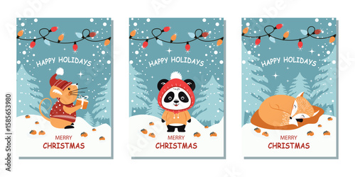 Set of winter greeting cards. A trendy minimalist design with a funny panda, a sleeping fox, and a mouse with a gift. A vector template for a poster, banner, or holiday cover.
