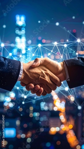 Business handshake over a city skyline, connected by digital network lines