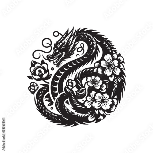 Intricate Black Dragon Silhouette Coiled with Cherry Blossoms in Circular Design.