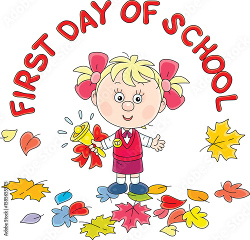 Cute little schoolgirl first grader ringing a small bell with a red bow and ribbons among colorful autumn leaves on the first day of school, vector cartoon illustration on a white background