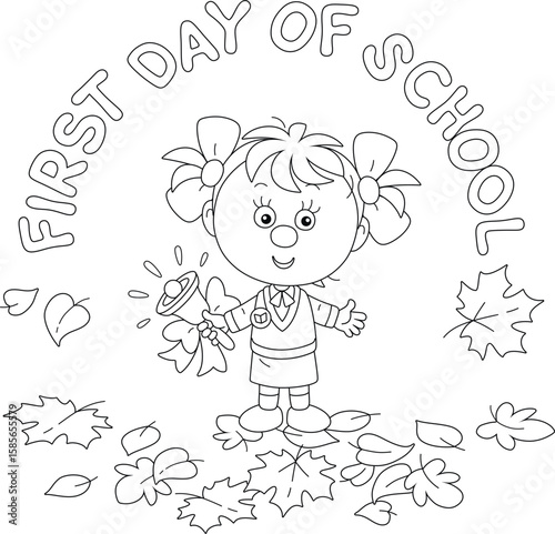 Cute little schoolgirl first grader ringing a small bell with a bow and ribbons among fallen autumn leaves on the first day of school, black and white vector cartoon illustration for a coloring book