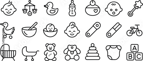 Baby care icons collection, line style, includes toys, bottle, diaper, safety pins, food, crib, bath, stroller, ABC blocks