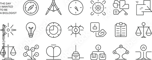 Biology science icons set, molecular structure symbols, scientific exploration tools, balance and light elements, educational concept, research, pixel perfect design