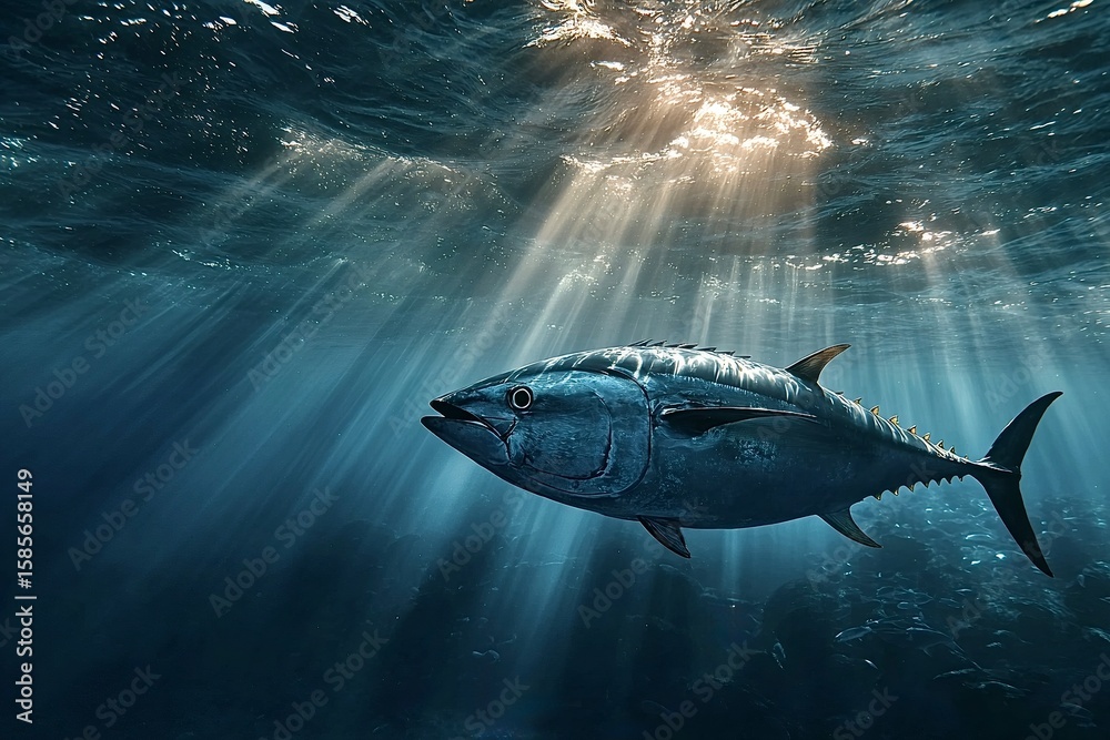 Fototapeta premium Bluefin tuna swimming in deep blue ocean with sunbeams