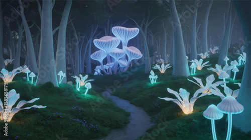 Enchanted forest glowing mushrooms luminous plants vector