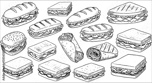 Detailed monochrome hand-drawn line art illustration set of various classic sandwiches, a burger, and different wraps for food and culinary designs.