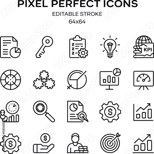 Business analytics icons, KPI dashboard symbols, performance metrics, strategy development signs, pixel perfect editable stroke vector, 64x64 design