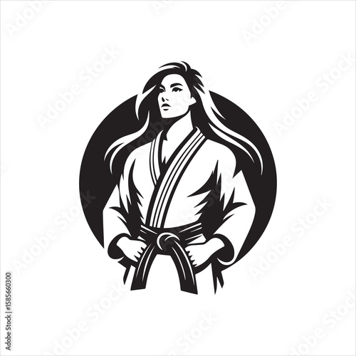 Confident Female Karateka in Gi with Black Belt Strong Stance.