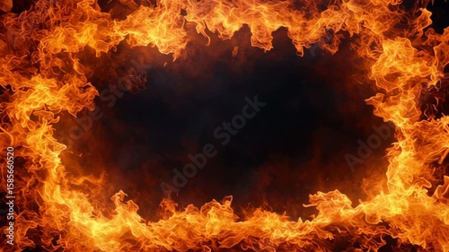 A vibrant orange hot fire frame border with dynamic flames surrounding an empty caption space in the middle. The fiery border creates a bold and intense visual effect, perfect for dramatic or energeti