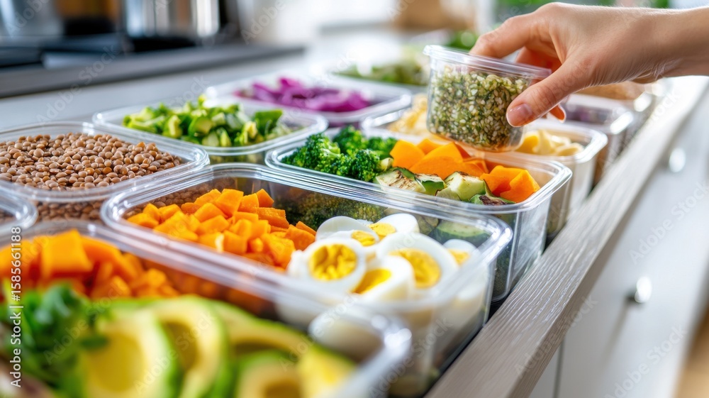 Obraz premium Woman's hands placing final container into a row of colorful macro-balanced meal preps in a bright, Scandinavian-style kitchen