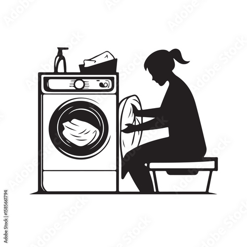Vector image of a person washing with a washing machine, showing a modern and efficient household activity isolated on a white background.