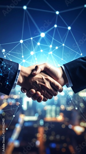 Business handshake with network overlay.  Two people in suits shaking hands, against a background of a city skyline at night, overlaid with a network of lines and glowing points
