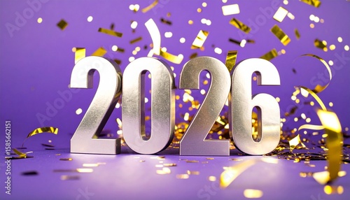 Silver 2026 numerals on a purple background, surrounded by gold confetti, celebrating the new year.