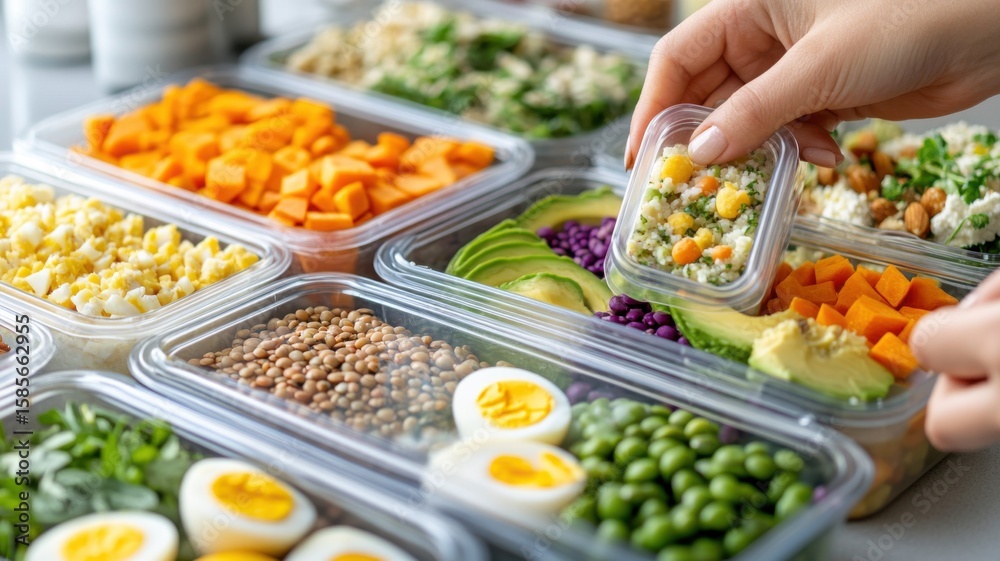 Obraz premium Woman's hands arranging final container in colorful macro-balanced meal prep in a bright Scandinavian kitchen