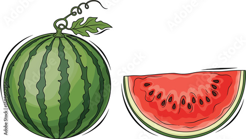 Illustration of a whole watermelon with a curly vine and leaf, alongside a juicy slice showing seeds and red flesh.