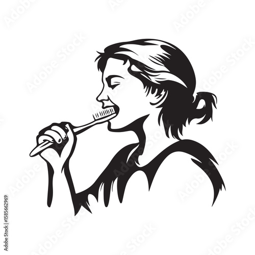 Vector image of a person brushing their teeth in a simple and clear style, depicting an important oral hygiene activity in daily routine.
