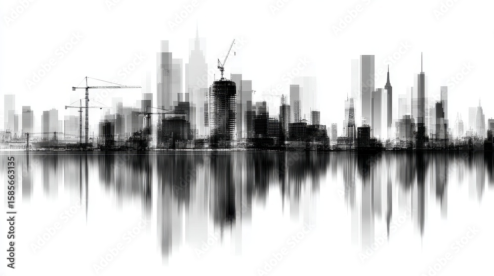 Fototapeta premium Abstract city skyline silhouette with construction cranes reflecting on water surface at dusk