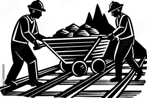 Two miners pushing a coal cart on train tracks silhouette isolated on transparent background