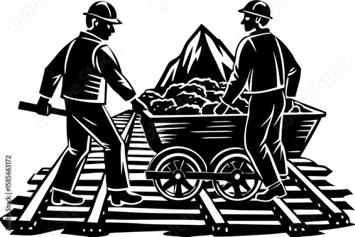 Two miners pushing a coal cart on train tracks silhouette isolated on transparent background