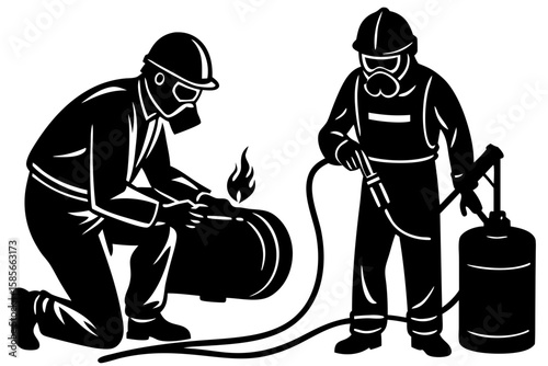 A silhouette of two individuals engaged in what appears to be a hazardous or industrial activity