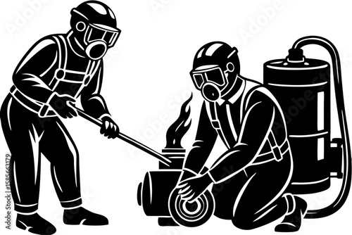 A silhouette of two individuals engaged in what appears to be a hazardous or industrial activity