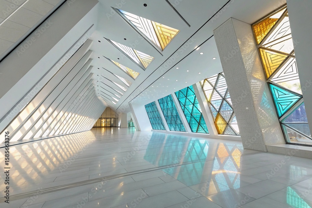 Fototapeta premium Modern Interior Corridor with Angled White Beams, Triangular Stained Glass Windows, and Glossy Tiled Floor – Minimalist Architecture and Geometric Light Design Concept 