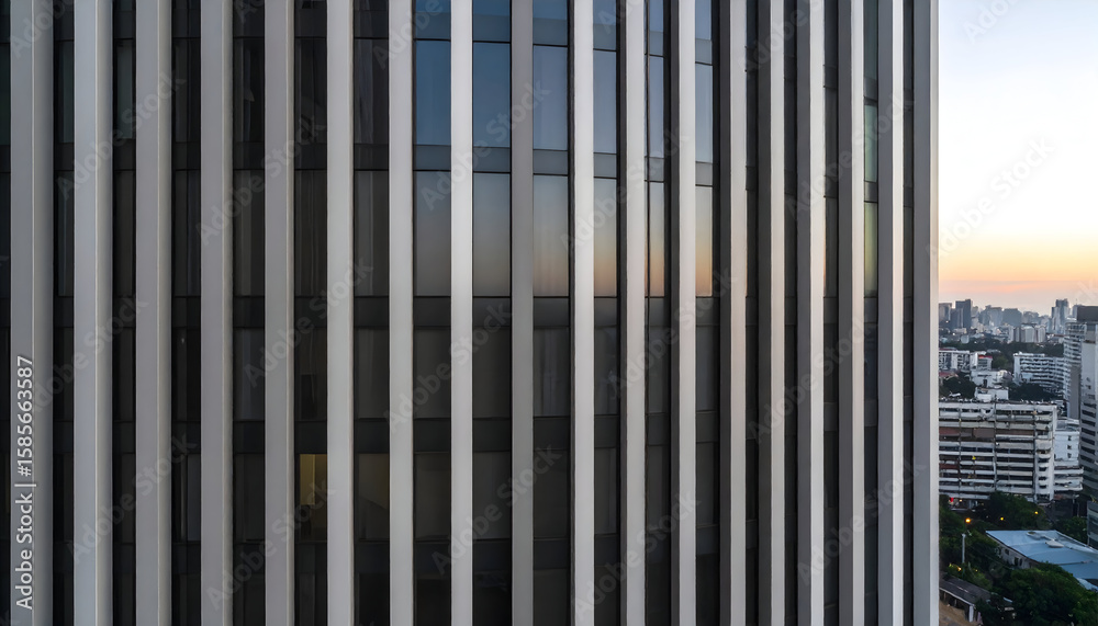 Obraz premium Modern Glass Skyscraper at Sunset Cityscape