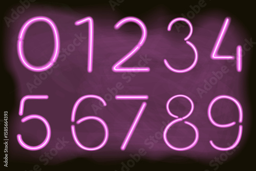 Decorative numbers in the form of neon lamps. pink color print on black background with fog effect