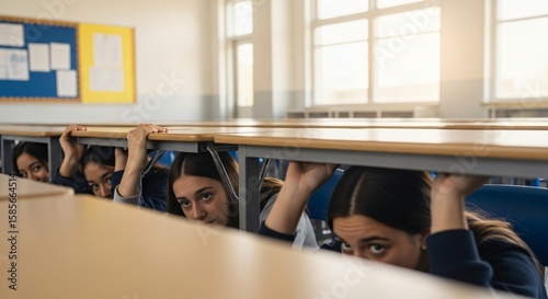 Wallpaper Mural Mock Drill Practiced by Students Crouched Under Desks During School Earthquake Safety Training Session Torontodigital.ca