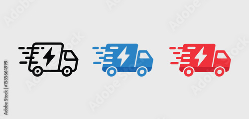 Three fast delivery trucks with lightning bolt symbols in black blue and red